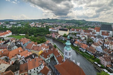 Fototapeta premium View of Cesky Krumlov, Czech Republic, showcasing its historic architecture and the Vltava River