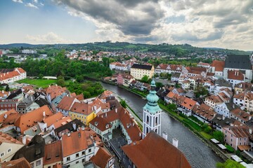 Aerial view of Cesky Krumlov, Czech Republic, showcasing historic buildings and the Vltava River