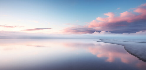 Fototapeta premium serene coastal landscape with calm waters reflecting pastel sky at sunrise, creating tranquil atmosphere
