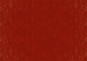 Fototapeta premium Hand-drawn unique abstract ornament. Light red on a bright red background, with vignette of same pattern in golden glitter. Paper texture. Digital artwork, A4. (pattern: p13-1c)