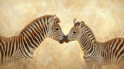 Fototapeta premium Two Zebras Sharing a Tender Moment in Soft Golden Light Background
