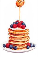 Pancakes with cream berries and honey on white background.