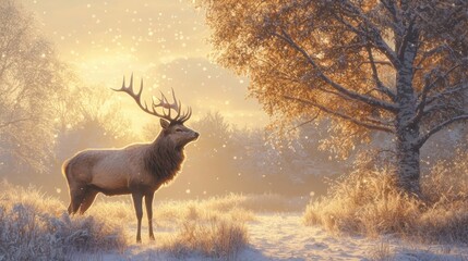 Obraz premium Majestic elk standing in snowy forest at sunrise nature photography serene environment artistic viewpoint