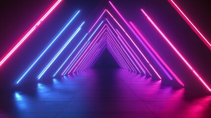 Fototapeta premium ネオンライトのトライアングルトンネルによる未来的な空間