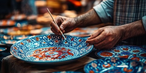Obraz premium Craftsman painting traditional turkish ceramics with ornate designs