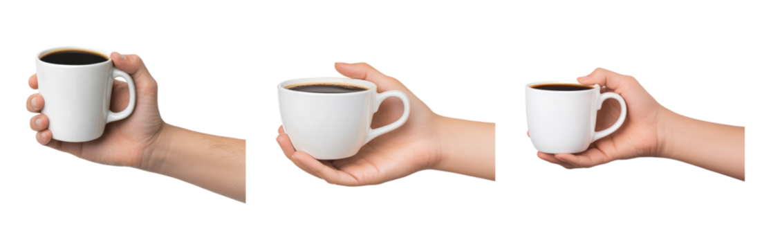 Hands Holding White Coffee Cup with Hot Beverage Isolated on transparent background - Powered by Adobe
