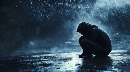 The Somber Reality of Depression: A Downcast Figure Burdened Beneath a Heavy Raincloud