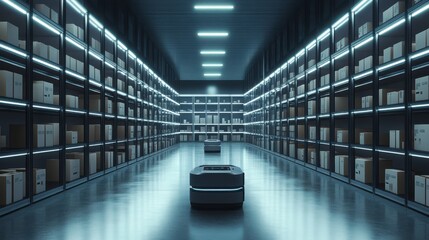 Obraz premium A modern warehouse scene featuring robotic automation, illuminated shelves filled with boxes, and a sleek, high-tech atmosphere.