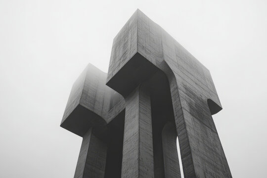 A futuristic brutalist skyscraper with massive angular structures, raw textures, and soft fog surrounding the towering edifice.
