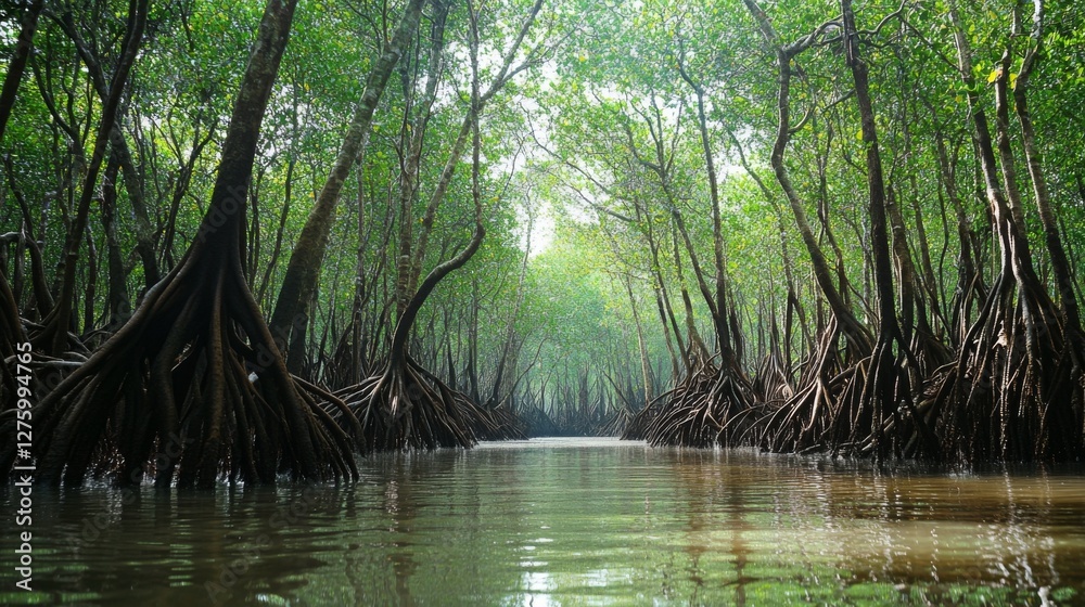 Poster a dense mangrove forest with intertwined roots and branches, creating a natural habitat for various 
