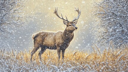 Fototapeta premium Majestic deer in winter wonderland snowy forest wildlife photography serene atmosphere natural beauty