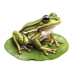 Obraz premium Lifelike Green Frog Sitting on a Leaf with Reflective Eyes in a Serene Natural Environment