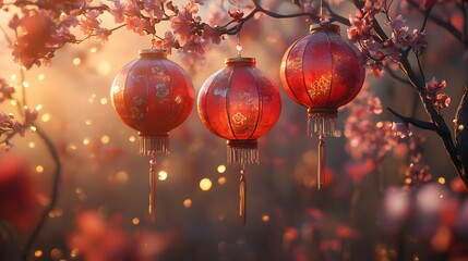 A Stunningly Colorful Representation of the Chinese New Year Celebrations with Lanterns, Flowers, and Symbols of Prosperity
