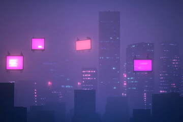 A cyberpunk city skyline background with endless neon-lit skyscrapers, floating billboards, and a hazy, dystopian atmosphere.