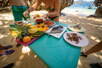 Tropical beach dining in the Philippines with fresh seafood