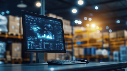 Data analysis on computer screen in warehouse environment technology