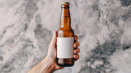 Hand holding a blank label beer bottle mockup on a grey background