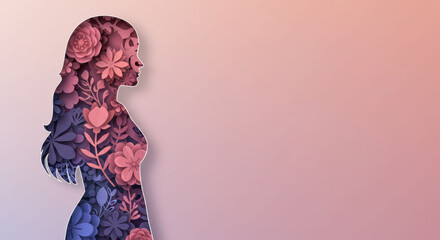 Woman silhouette with different flowers in paper cut style. International Women's Day, 8 march, Mother's Day. Creative concept for beauty spa salon. Banner, card with copy space. Pink blue colors