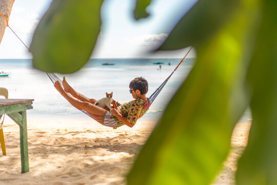 Woman relaxing in a hammock with a cat on a sunny beach