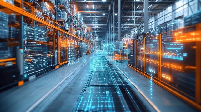 A futuristic warehouse with glowing data streams, showcasing advanced technology and efficient logistics in a high-tech environment.