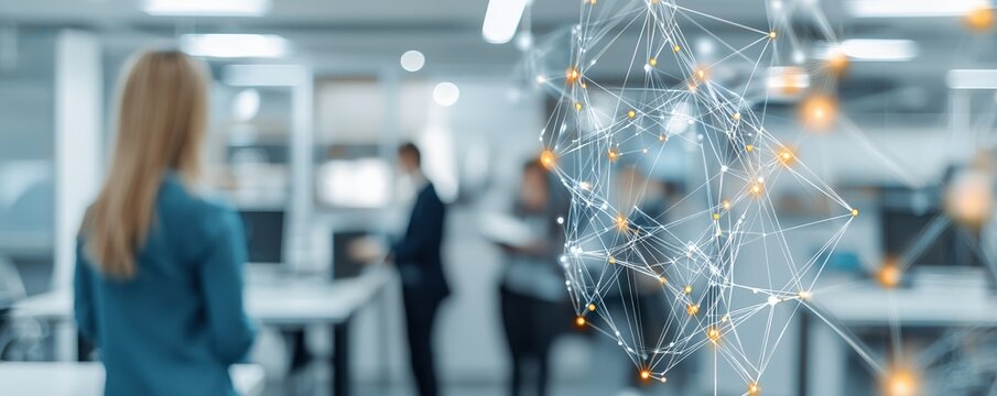 A professional office setting featuring a woman in the foreground and colleagues collaborating in the background, with a digital network overlay.