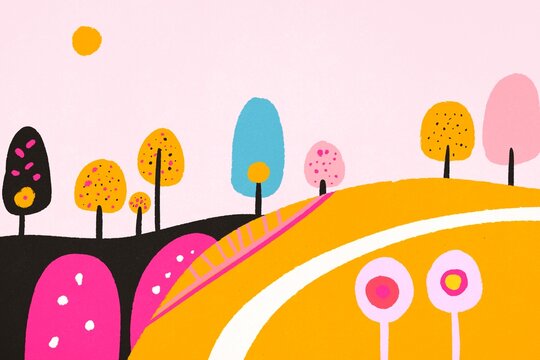 Vibrant illustrated landscape with colorful trees and hills