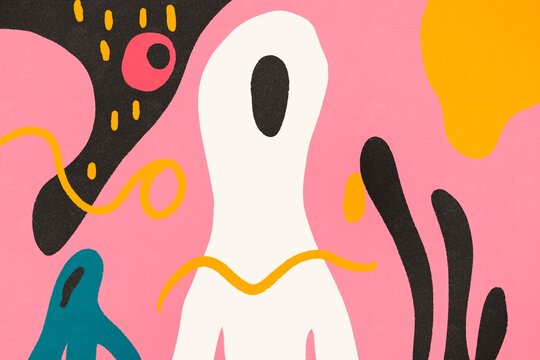 Abstract figure on pink with yellow and black elements