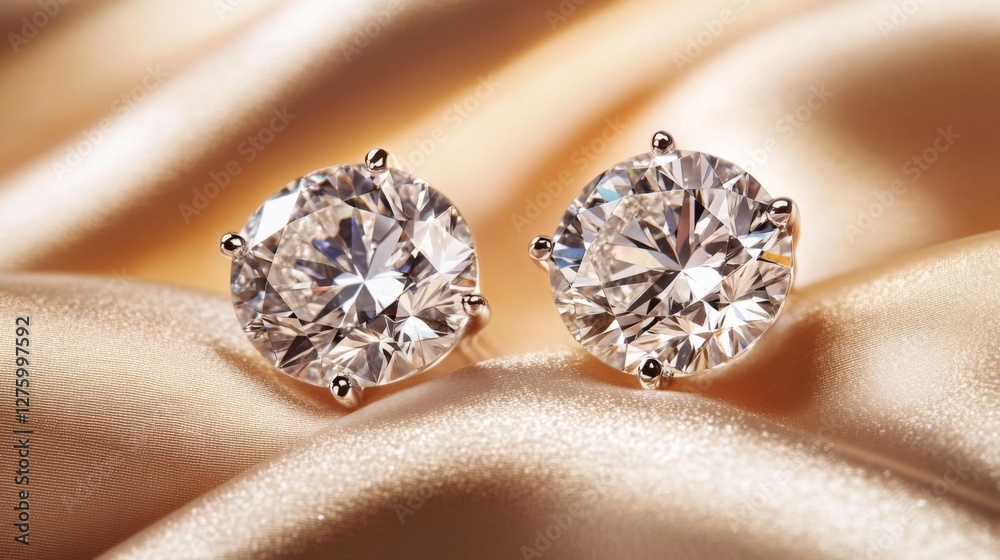 Poster a luxurious display of diamond stud earrings set against a backdrop of soft satin fabric, highlighti