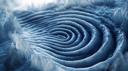 A Surreal Journey Through a Topographical Fingerprint Transforming into an Intricately Designed Ice Maze with Feathered Patterns