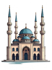 Majestic Mosque Illustration with Minarets and Dome in Cartoon Style