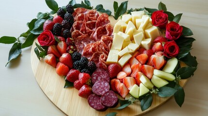 Heart-shaped charcuterie board with fruits, cheeses, and roses
