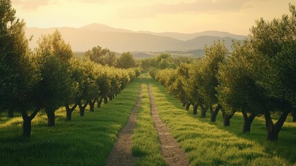 Naklejka premium Serene Olive Grove Landscape Sunset Path and Rolling Hills