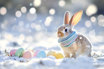A cute Easter Bunny in a striped scarf, surrounded by pastel-colored Easter eggs, hopping joyfully through a snowy meadow.