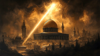Obraz premium Golden Dome Jerusalem, divine light, stormy sky, religious artwork, faith