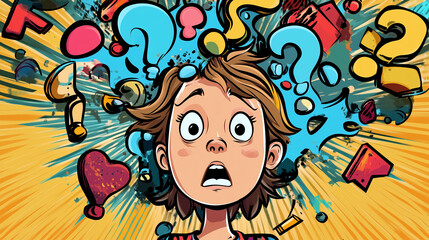 A cartoon of a person with a thought bubble full of question marks and exclamation points