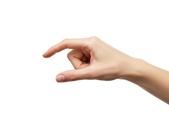 Woman's hand holding something small and invisible between two fingers, isolated on a white background