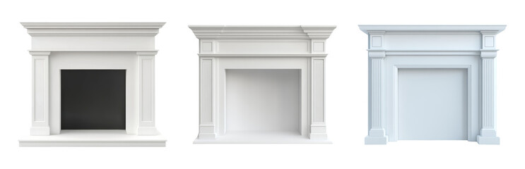 Obraz premium Three Elegant White Fireplaces with Varied Designs Isolated on transparent background
