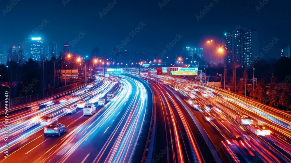 Poster a panoramic view of a busy freeway at night, with streaks of headlights and taillights creating a dy