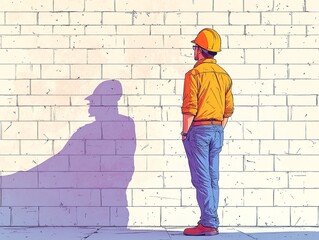 An engineer in a construction helmet stands near a brick wall, a simple illustration in bright colors on a white background
