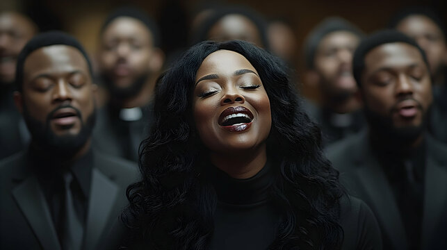 Gospel singer leads choir, performance, church, music, indoor, spiritual, worship, background blurred, event promotion