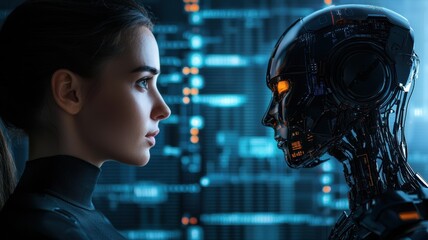 Woman and Futuristic Robot Face to Face AI Technology Digital Future Concept