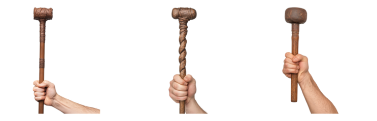 Hands Holding Wooden Mallets for Various Uses Isolated on transparent background