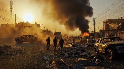 Destruction in a city under conflict during sunset as smoke rises and vehicles lie abandoned