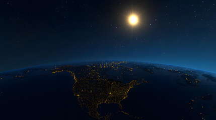Fototapeta premium Stunning Night View of North America from Space Showing City Lights and a Bright Sun