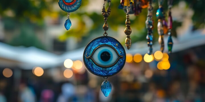 Turkish nazar amulet hanging in a souvenir shop in turkey