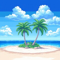 Naklejka premium Pixel Art Tropical Island Paradise with Palm Trees and Clear Blue Ocean View