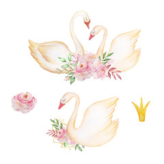 Set of Watercolor White Princess Swan with crown, romantic bird with pink roses bouquet