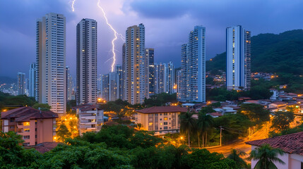 Obraz premium City skyline at dusk with thunderstorm