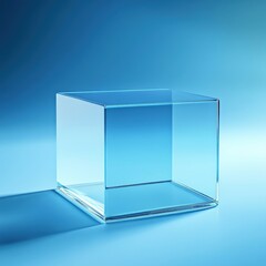 Empty glass cube on blue background; product display (1)