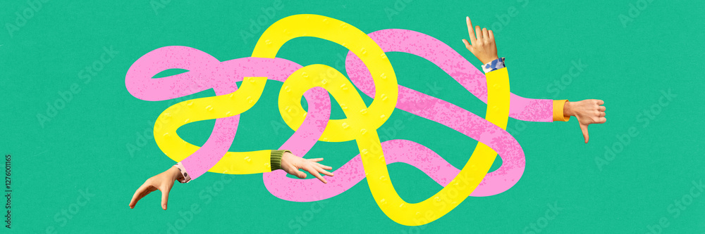 Wall mural confused pathways intertwine with hands showing approval and disapproval, illustrating complexity of